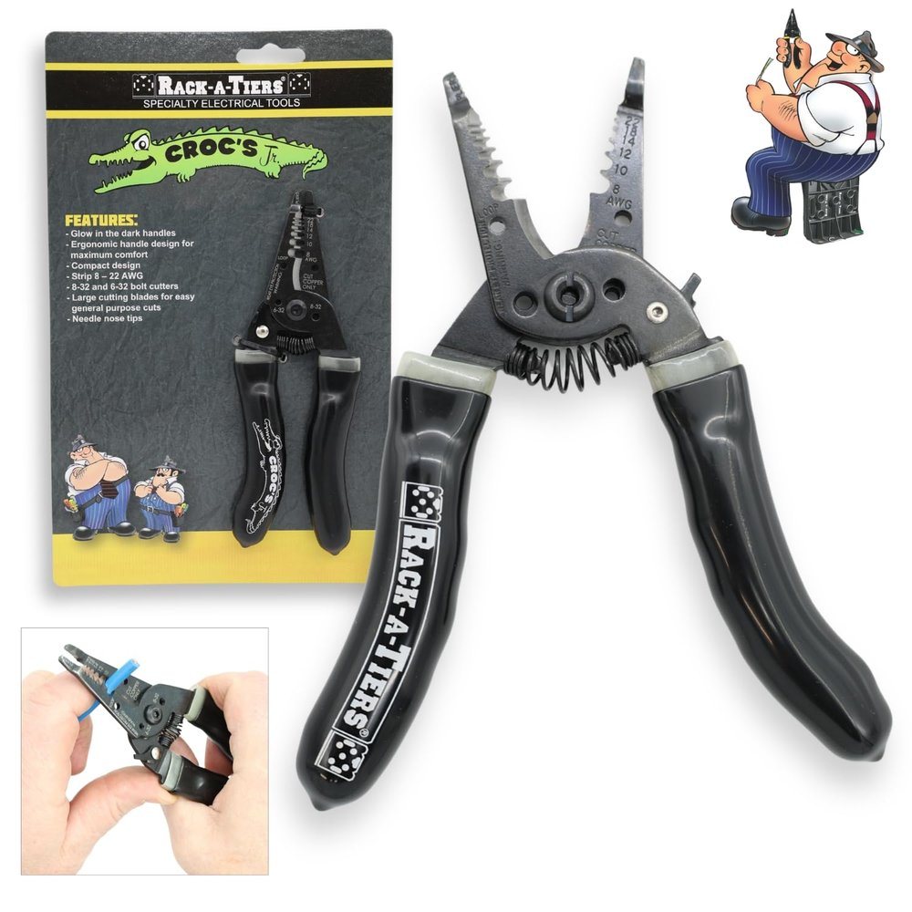 Rack-A-Tiers Croc's Jr. Needle Nose Wire Strippers, Electrician Wire Crimper & Stripper, Wire Stripper Cutter, Ergonomic Glow-in-the-Dark Handles, Wire Insulation Stripper (47002)
