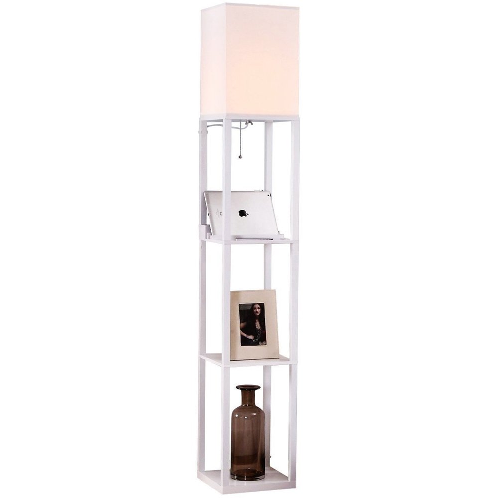 Brightech Maxwell Charger - Modern Shelf Floor Lamp with USB Charging Ports & Electric Outlet - Corner Display Floor Lamps with Shelves for Living Room, Bedroom and Office - White