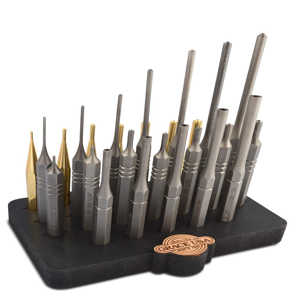 Grace USA 27pc Gunsmith Steel & Brass Roll Pin Spring Punch Set with Bench Block - GRSBRP27SBB, Multi